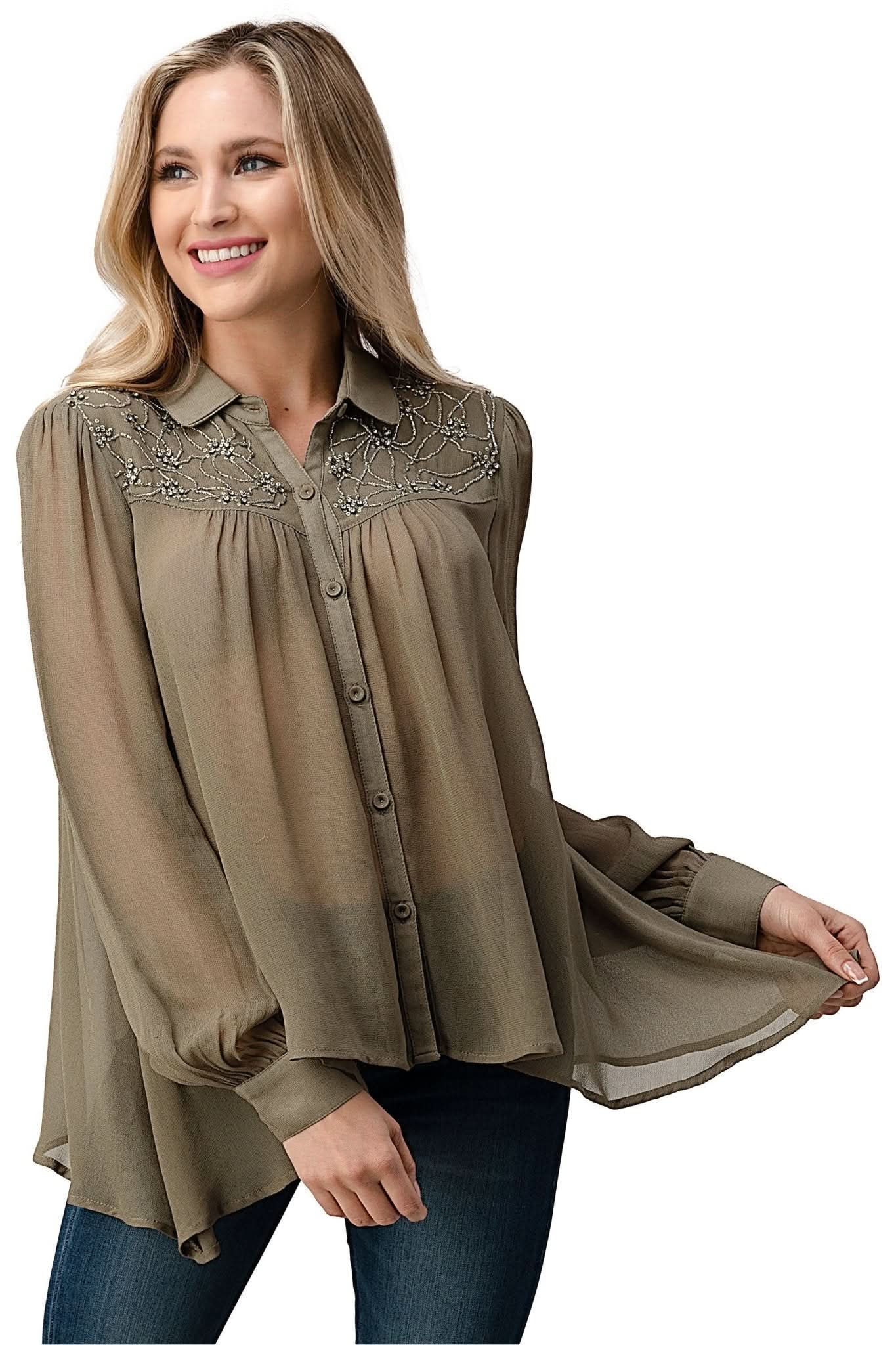 Embroidered Sheer Button - Up Blouse – Casual Elegance - Wear and Wander