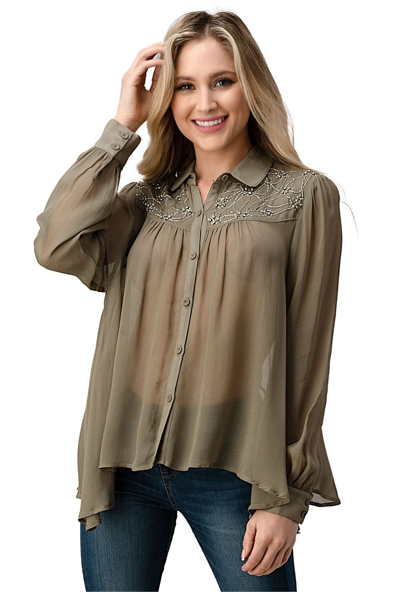 Embroidered Sheer Button - Up Blouse – Casual Elegance - Wear and Wander