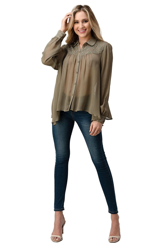 Embroidered Sheer Button - Up Blouse – Casual Elegance - Wear and Wander
