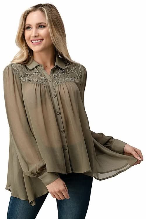 Embroidered Sheer Button - Up Blouse – Casual Elegance - Wear and Wander