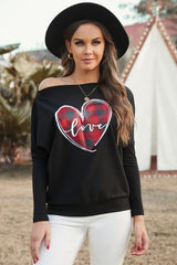 Valentine Love Heart Plaid Printed Splicing Bat Sleeve Top