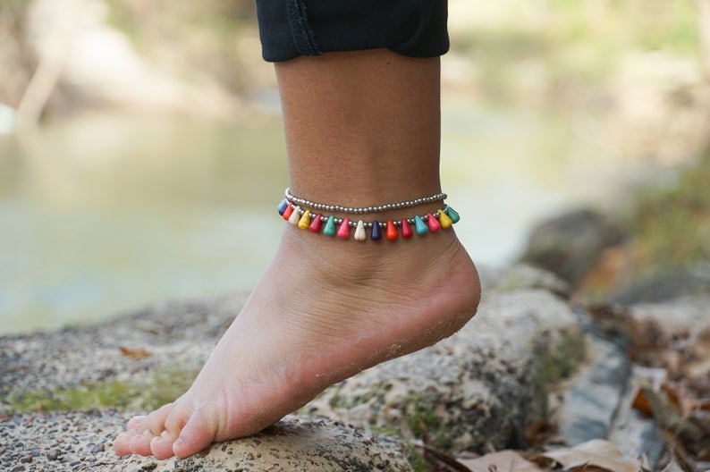 Fancy Teardrop Bead Boho Silver Anklet - Wear and Wander