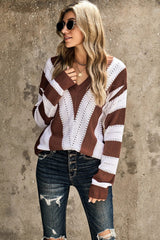 Fashion Brown Striped Colorblock V Neck Knitted Sweater - Wear and Wander