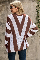 Fashion Brown Striped Colorblock V Neck Knitted Sweater - Wear and Wander