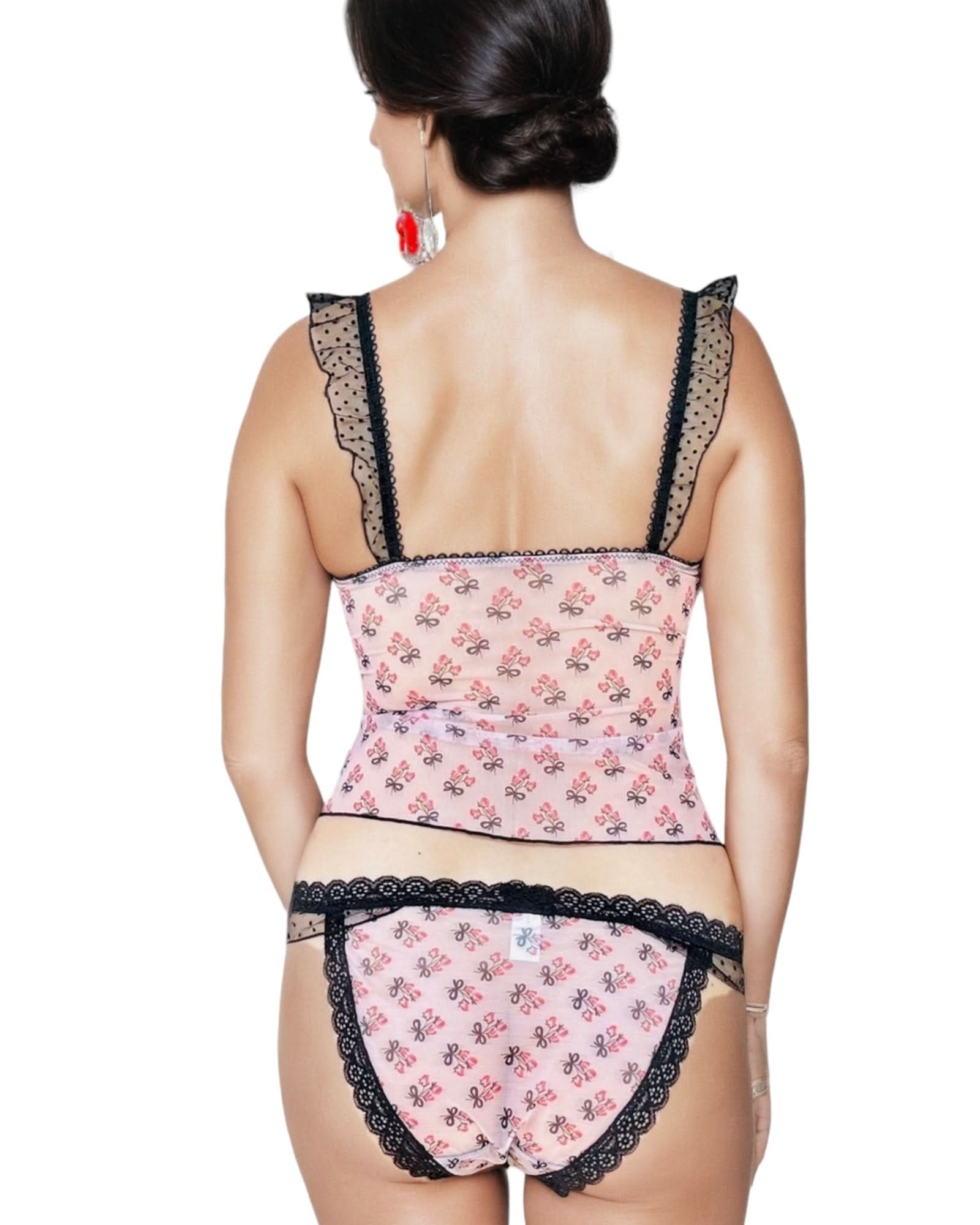 Feminine Romance Rose Print Lace & Mesh Coquette Cami Top with Super - Wear and Wander