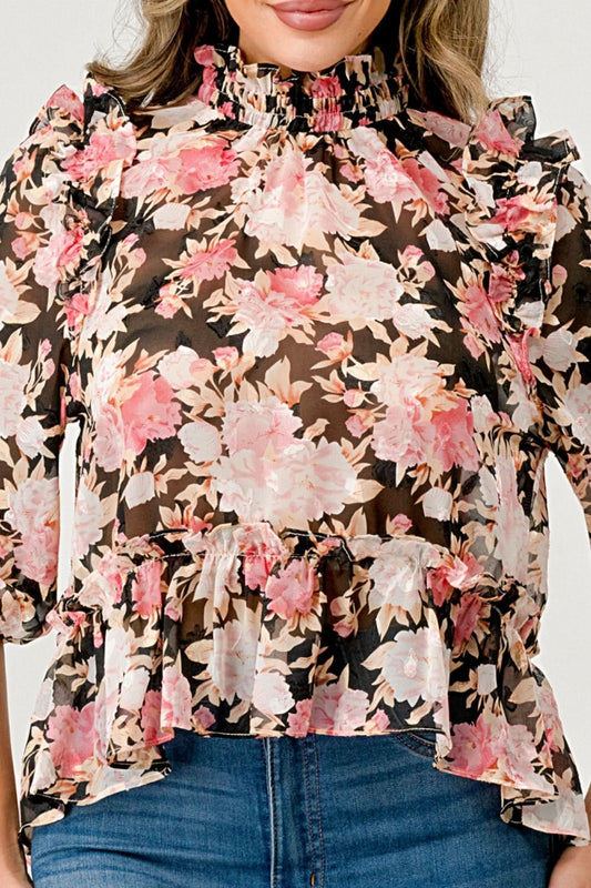 Floral High - Neck Ruffle Blouse - Wear and Wander