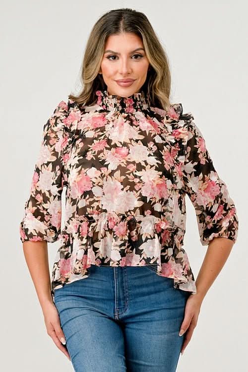 Floral High - Neck Ruffle Blouse - Wear and Wander