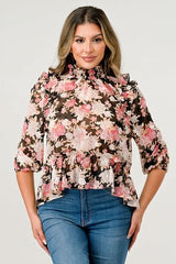 Floral High - Neck Ruffle Blouse - Wear and Wander