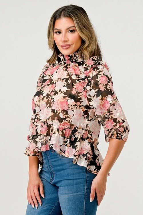 Floral High - Neck Ruffle Blouse - Wear and Wander