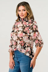 Floral High - Neck Ruffle Blouse - Wear and Wander