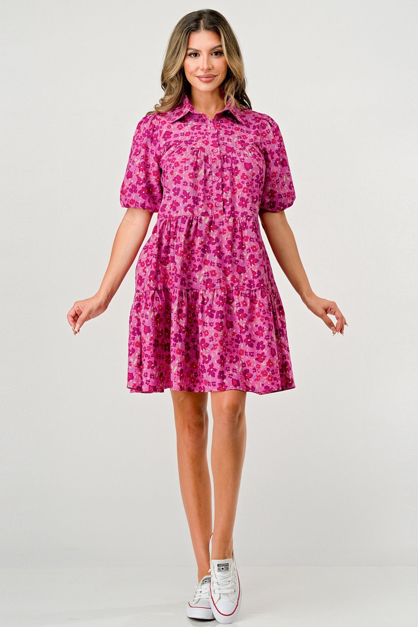 Floral Print Tiered Dress with Puff Sleeves - Button - Down Casual - Wear and Wander