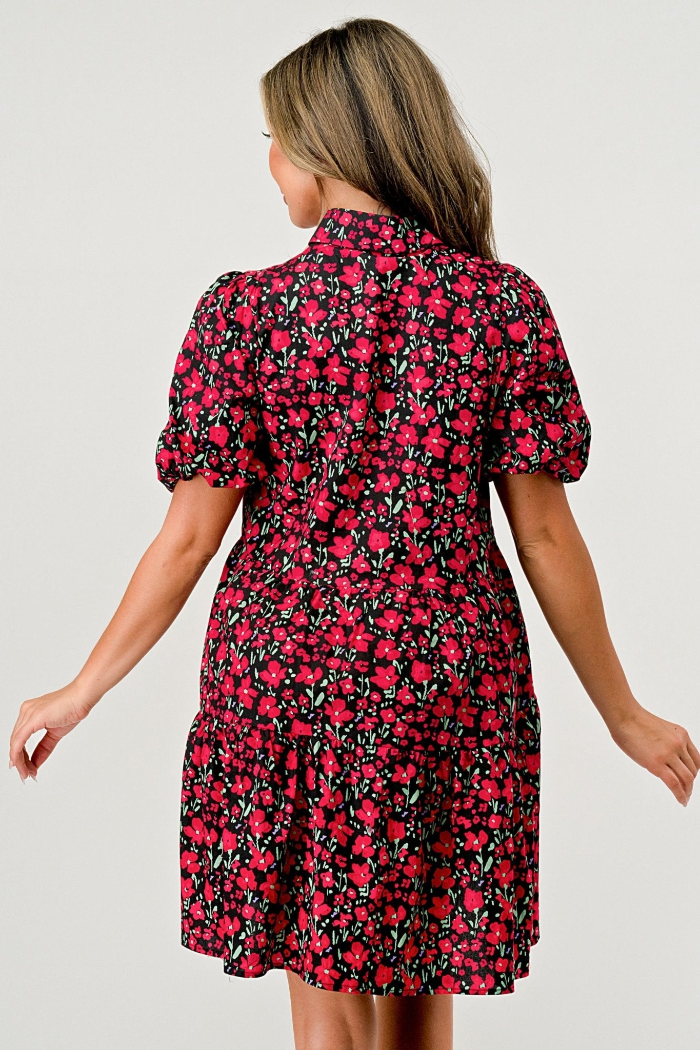 Floral Print Tiered Dress with Puff Sleeves - Button - Down Casual - Wear and Wander