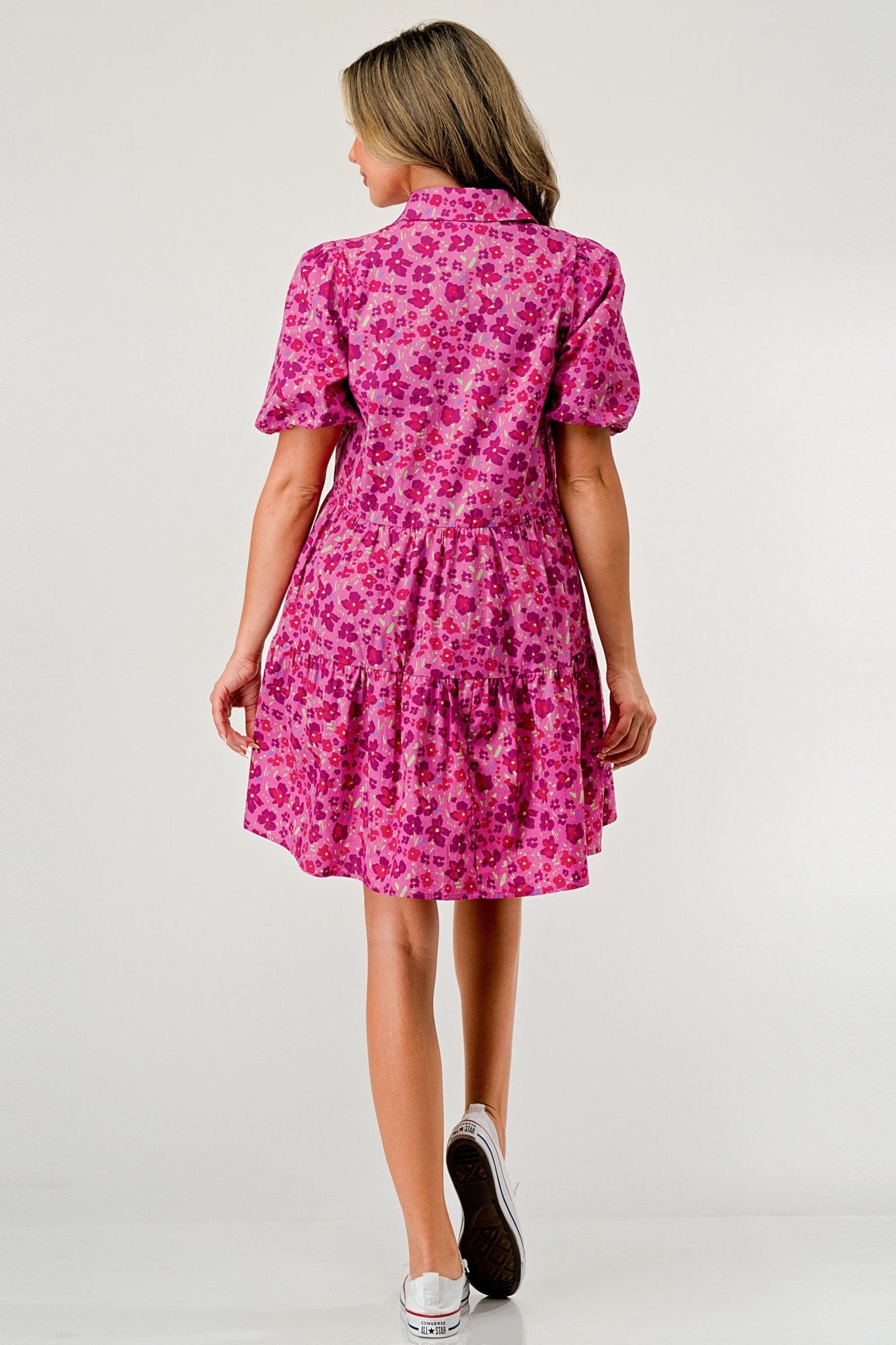 Floral Print Tiered Dress with Puff Sleeves - Button - Down Casual - Wear and Wander