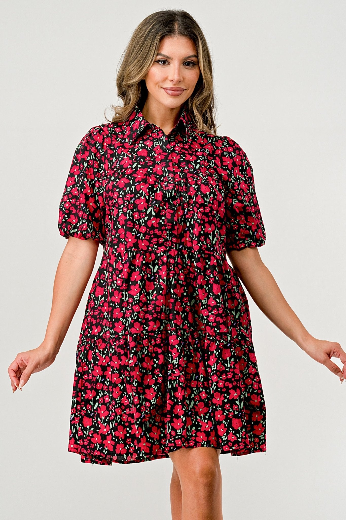 Floral Print Tiered Dress with Puff Sleeves - Button - Down Casual - Wear and Wander