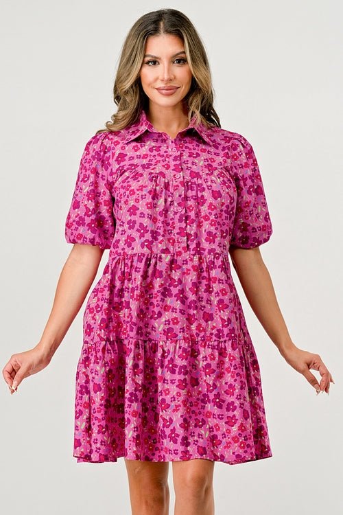 Floral Print Tiered Dress with Puff Sleeves - Button - Down Casual - Wear and Wander