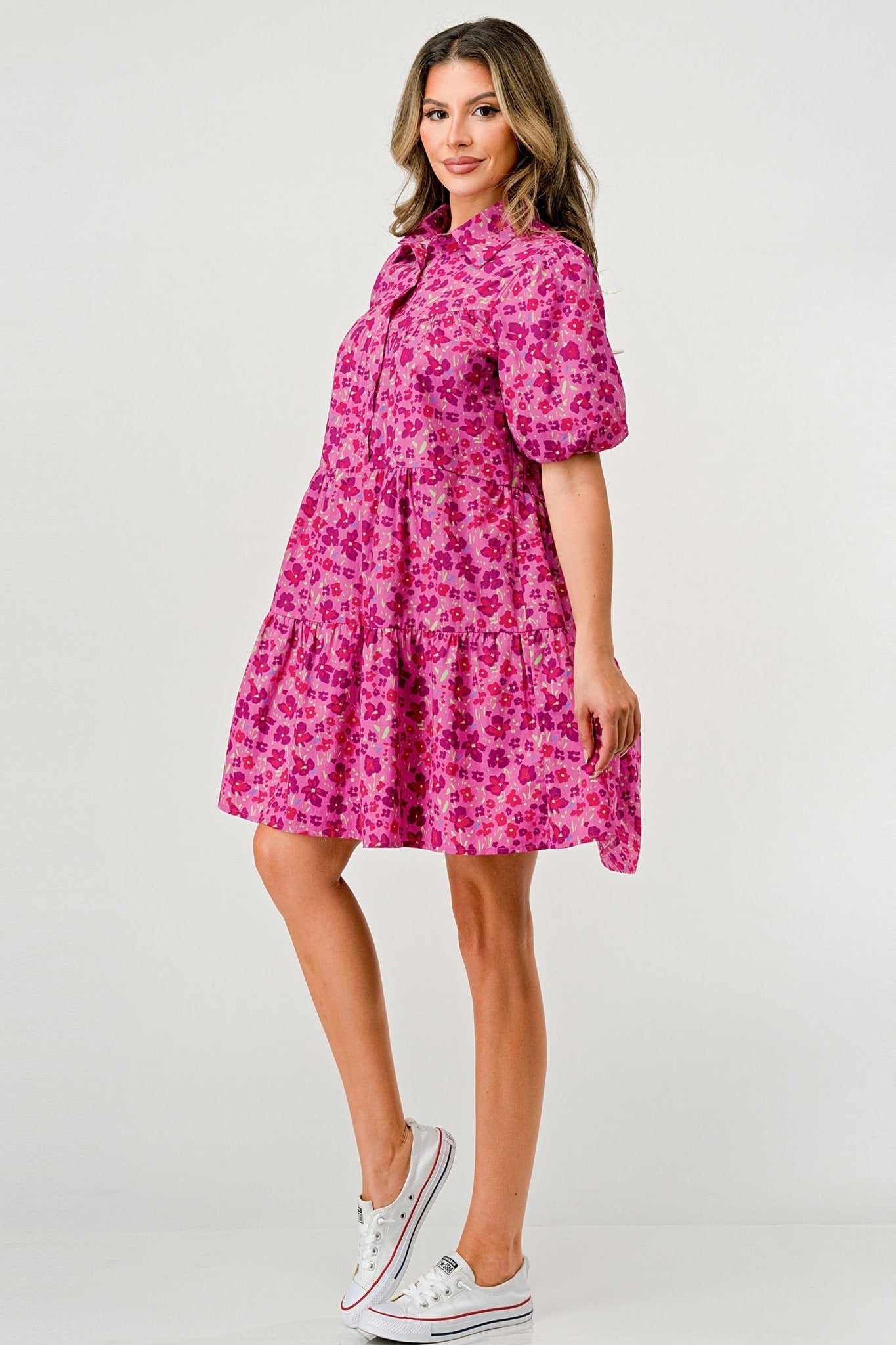 Floral Print Tiered Dress with Puff Sleeves - Button - Down Casual - Wear and Wander