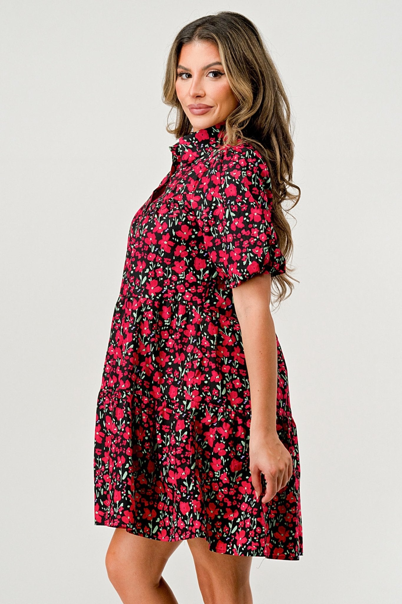 Floral Print Tiered Dress with Puff Sleeves - Button - Down Casual - Wear and Wander