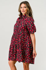 Floral Print Tiered Dress with Puff Sleeves - Button - Down Casual - Wear and Wander