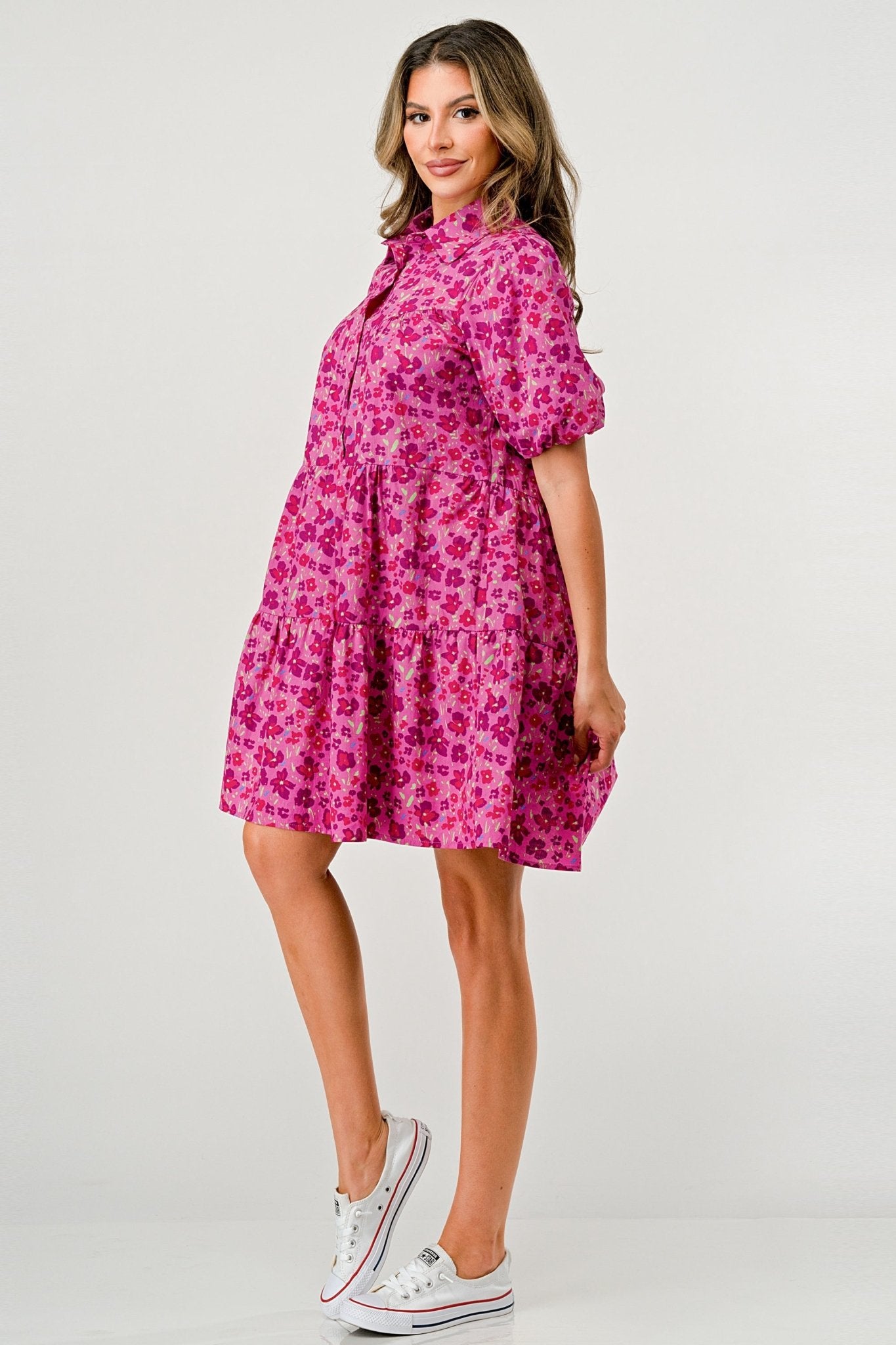 Floral Print Tiered Dress with Puff Sleeves - Button - Down Casual - Wear and Wander