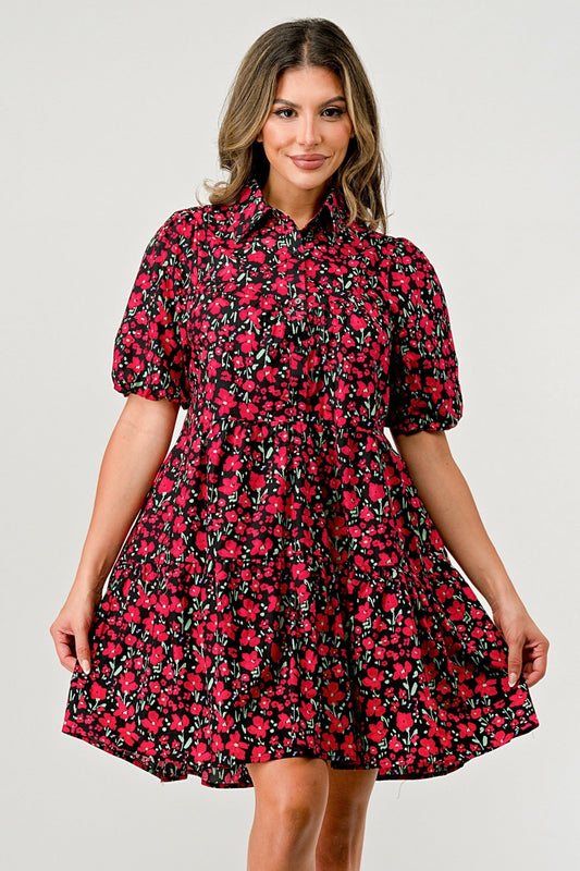 Floral Print Tiered Dress with Puff Sleeves - Button - Down Casual - Wear and Wander