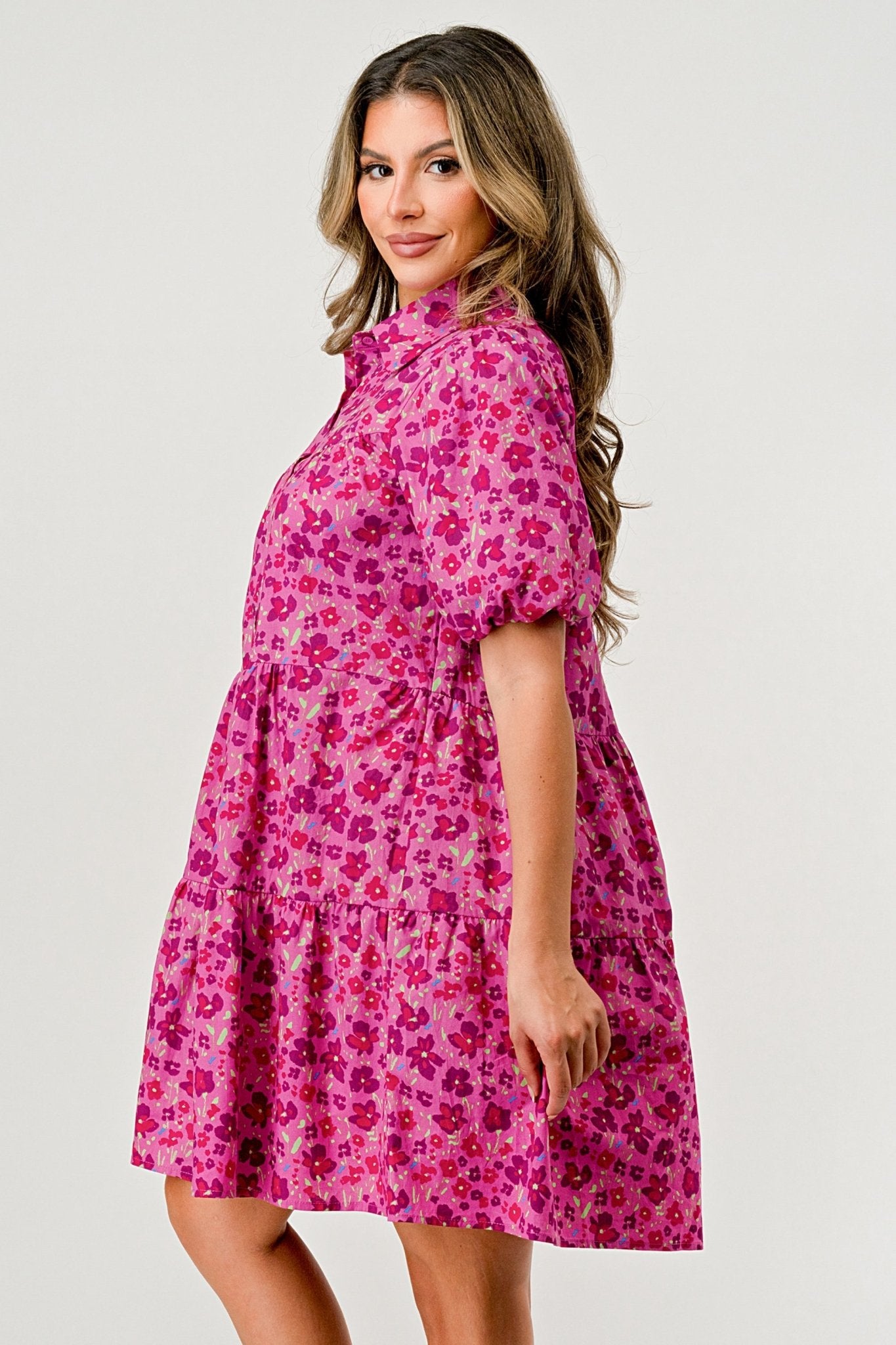 Floral Print Tiered Dress with Puff Sleeves - Button - Down Casual - Wear and Wander