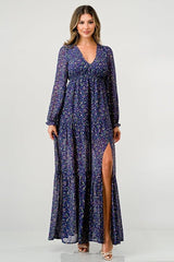 Floral V - Neck Long Sleeve Maxi Dress with Tiered Skirt and Side Slit - Wear and Wander