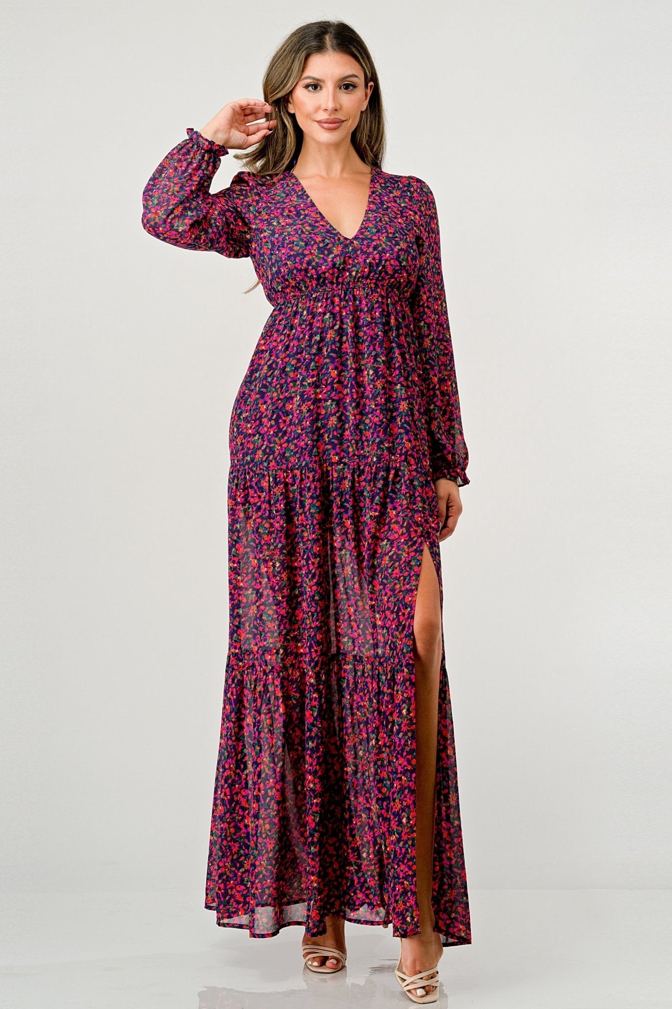 Floral V - Neck Long Sleeve Maxi Dress with Tiered Skirt and Side Slit - Wear and Wander