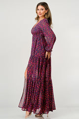 Floral V - Neck Long Sleeve Maxi Dress with Tiered Skirt and Side Slit - Wear and Wander