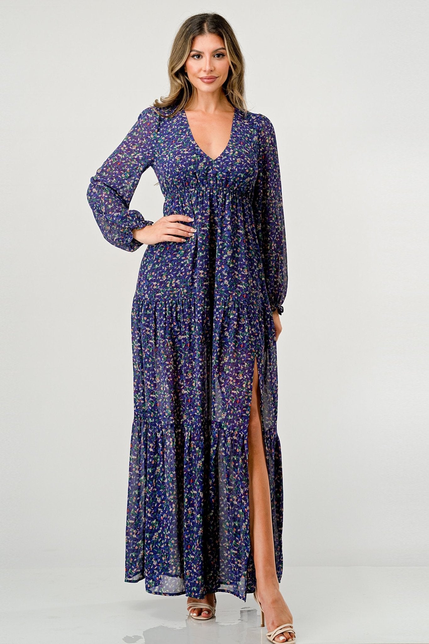 Floral V - Neck Long Sleeve Maxi Dress with Tiered Skirt and Side Slit - Wear and Wander