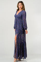 Floral V - Neck Long Sleeve Maxi Dress with Tiered Skirt and Side Slit - Wear and Wander