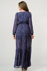 Floral V - Neck Long Sleeve Maxi Dress with Tiered Skirt and Side Slit - Wear and Wander