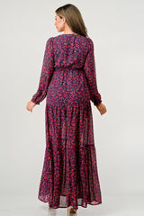 Floral V - Neck Long Sleeve Maxi Dress with Tiered Skirt and Side Slit - Wear and Wander