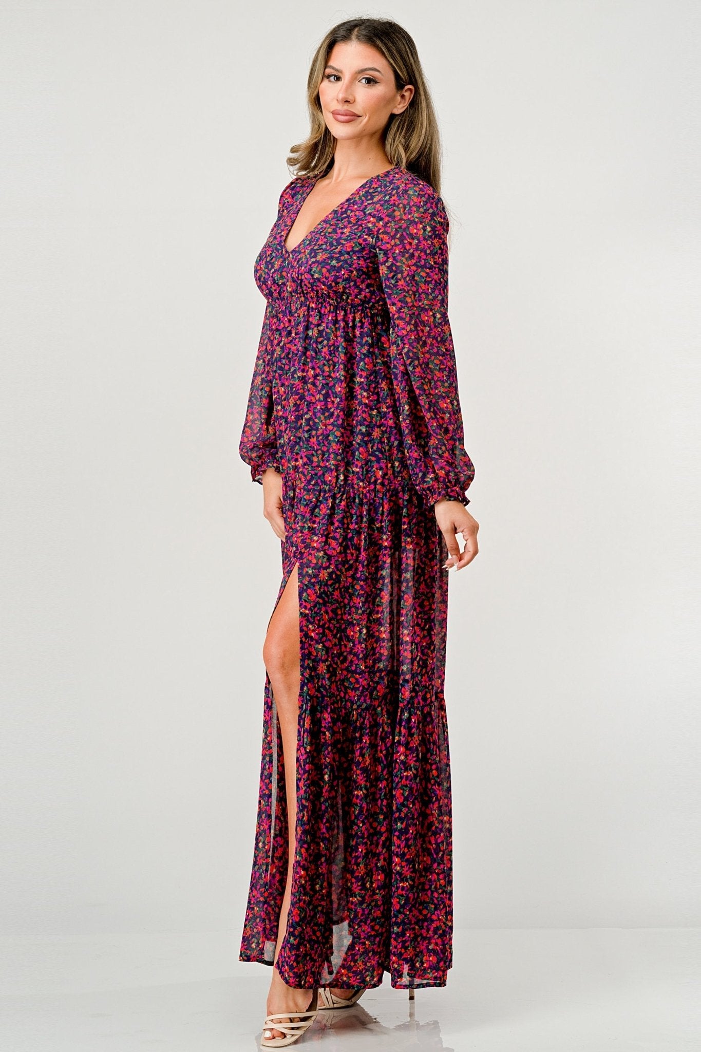 Floral V - Neck Long Sleeve Maxi Dress with Tiered Skirt and Side Slit - Wear and Wander