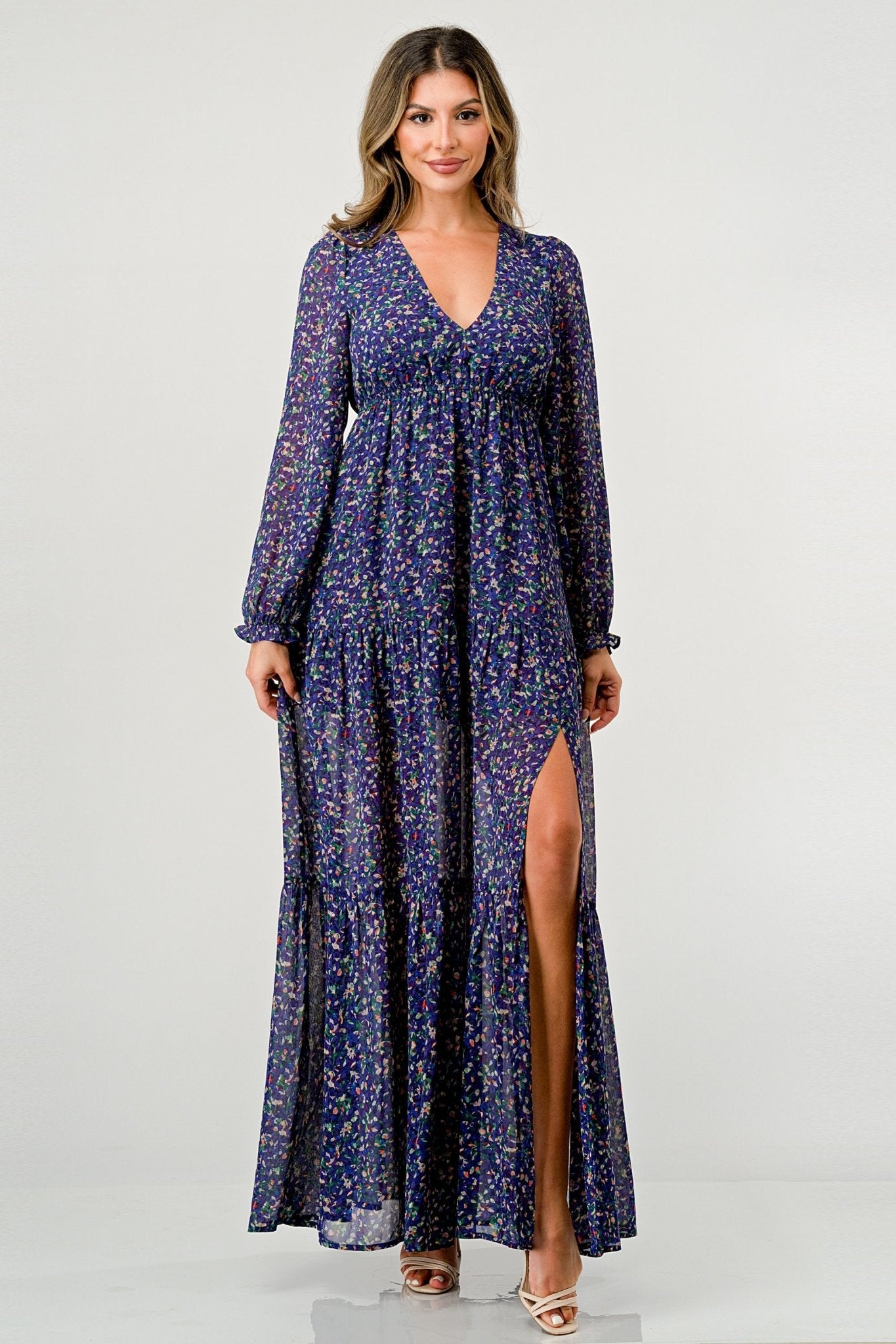 Floral V - Neck Long Sleeve Maxi Dress with Tiered Skirt and Side Slit - Wear and Wander