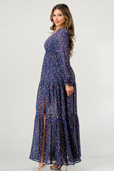 Floral V - Neck Long Sleeve Maxi Dress with Tiered Skirt and Side Slit - Wear and Wander