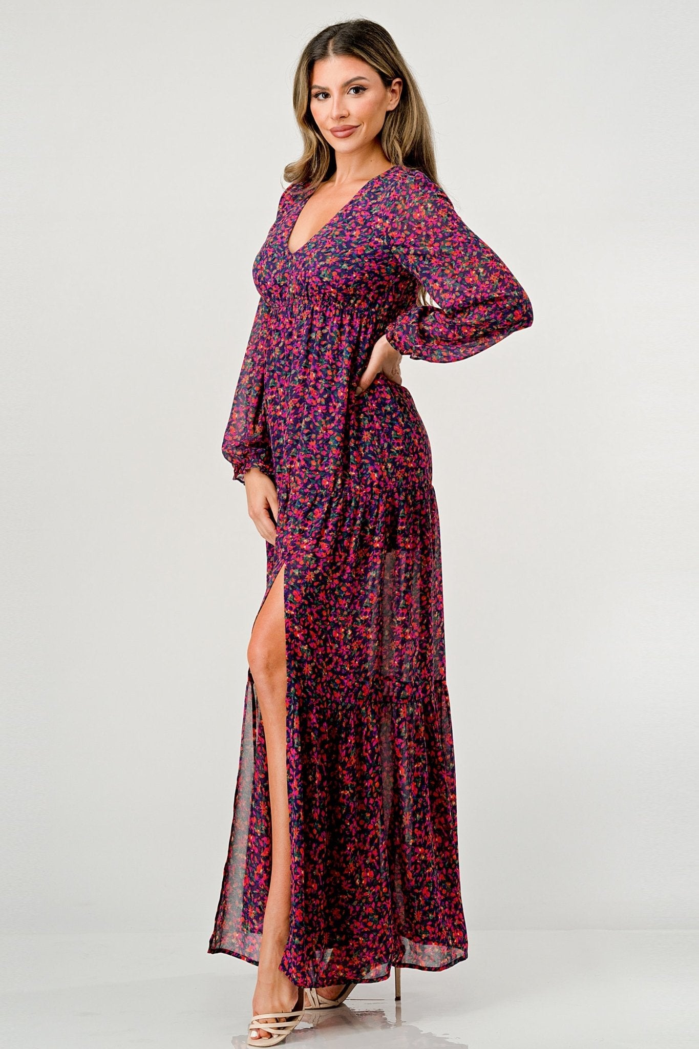 Floral V - Neck Long Sleeve Maxi Dress with Tiered Skirt and Side Slit - Wear and Wander