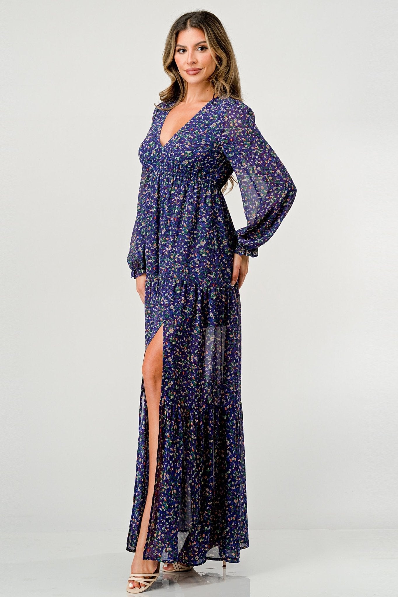 Floral V - Neck Long Sleeve Maxi Dress with Tiered Skirt and Side Slit - Wear and Wander