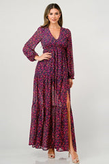 Floral V - Neck Long Sleeve Maxi Dress with Tiered Skirt and Side Slit - Wear and Wander