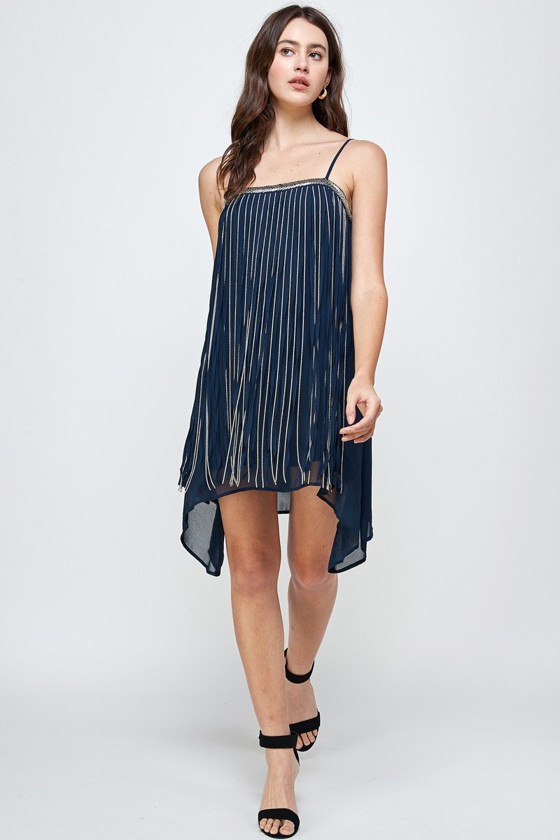 Flowy Sleeveless Mini Dress with Metallic Accents - Wear and Wander