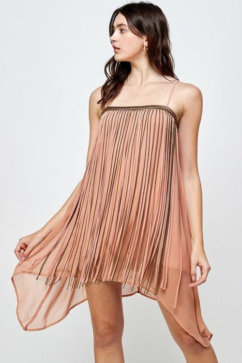 Flowy Sleeveless Mini Dress with Metallic Accents - Wear and Wander