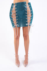 Full Rhinestones 4 Sides Lace Up Party Rave Club Mini Skirt TEAL - Wear and Wander