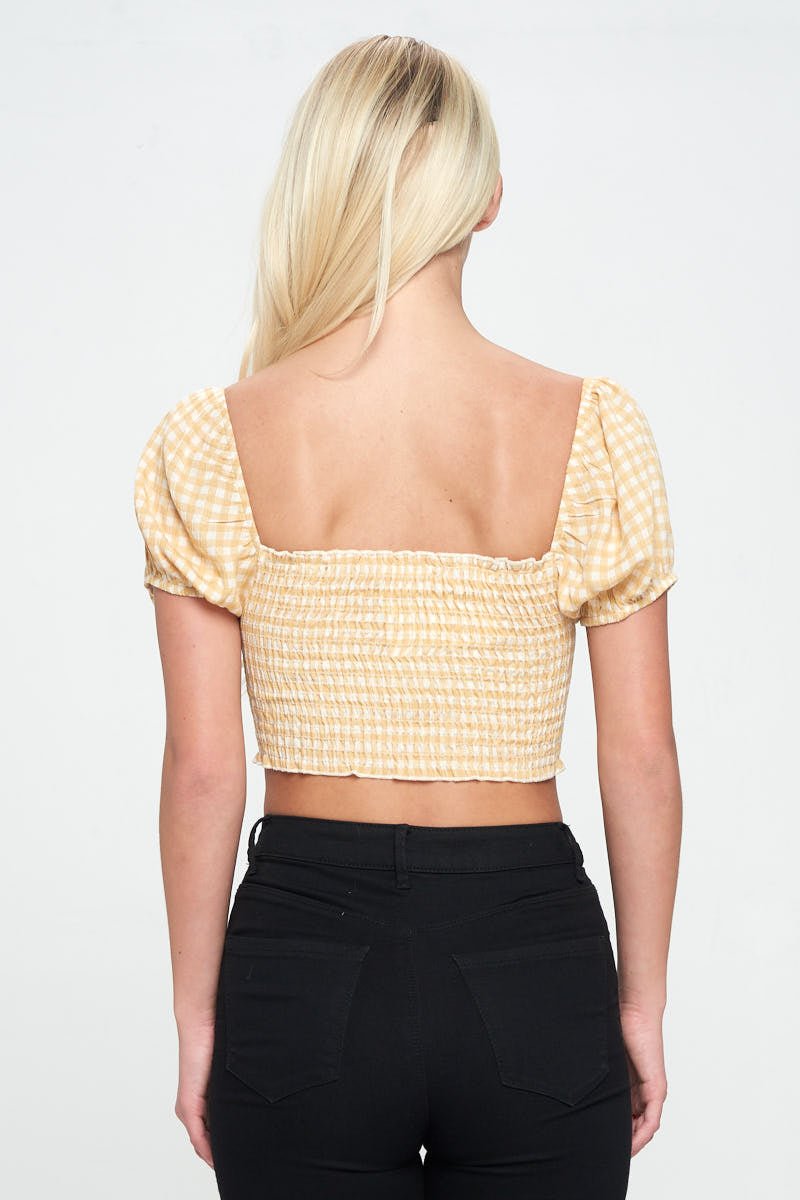 Gingham Smocked Crop Top with Puff Sleeves - Wear and Wander