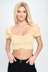 Gingham Smocked Crop Top with Puff Sleeves - Wear and Wander