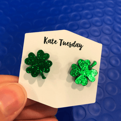 Glitter Acrylic St. Patties Day Clover Earrings 4 Leaf - Wear and Wander