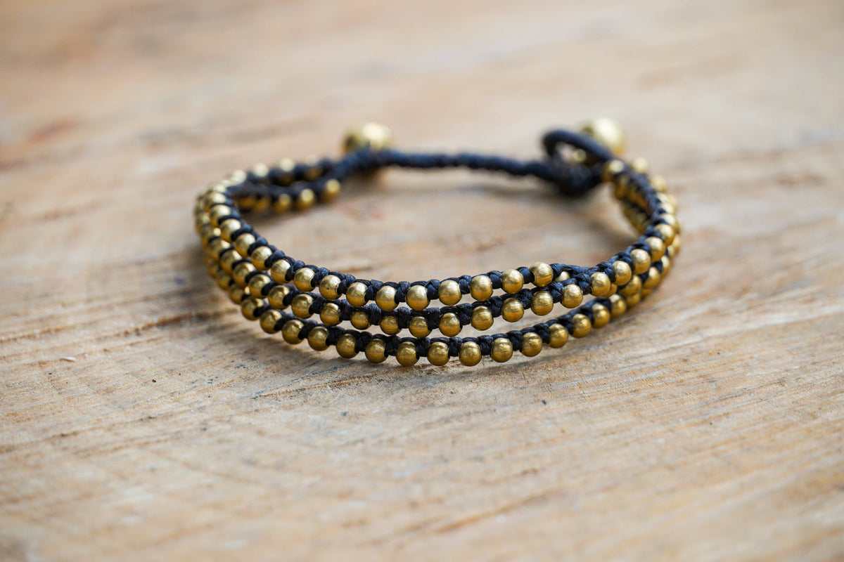 Golden Triple Strand Boho Brass Bracelet, Hippie Bracelet - Wear and Wander