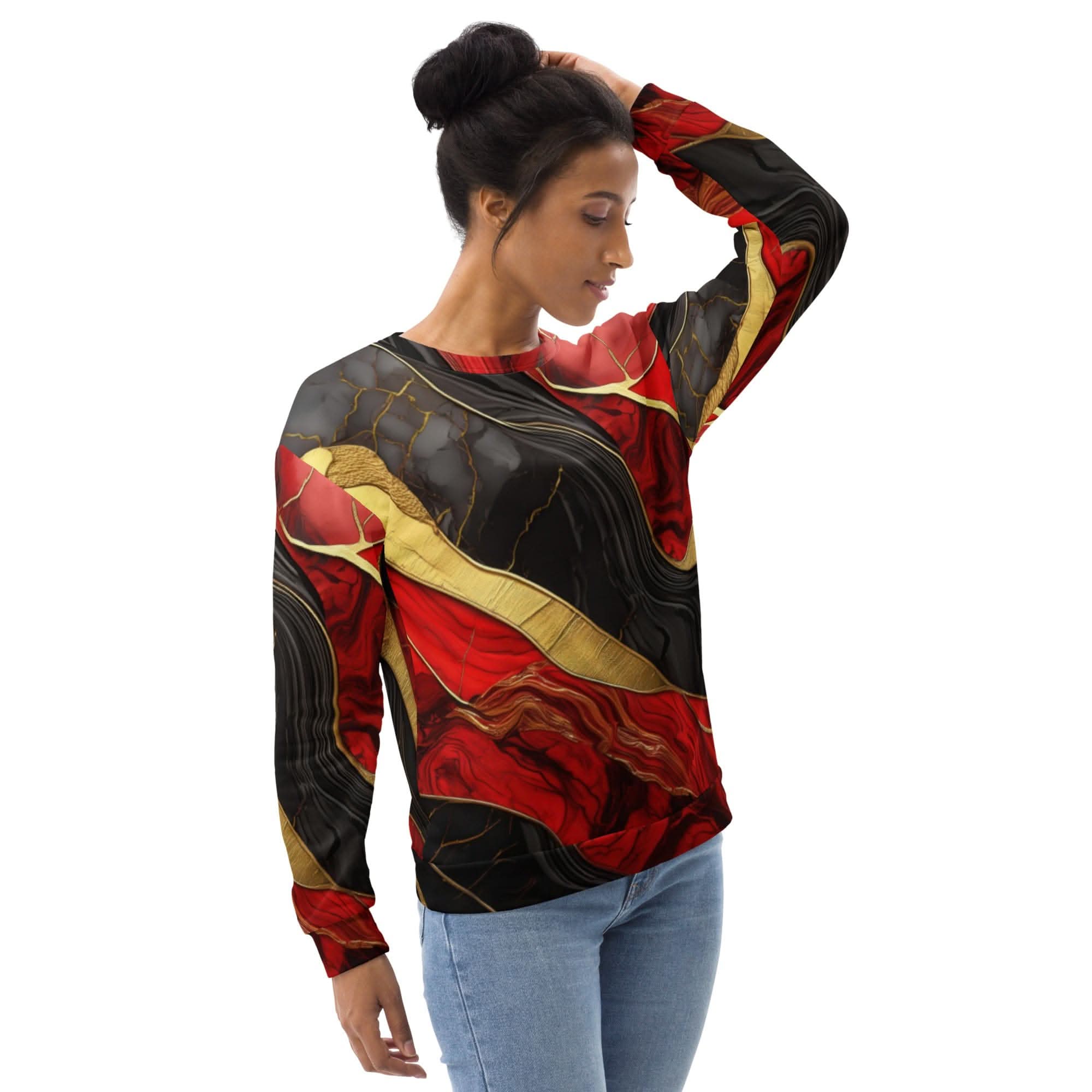 Graphic Sweatshirt for Women Bold Red Gold Tones Print - Wear and Wander