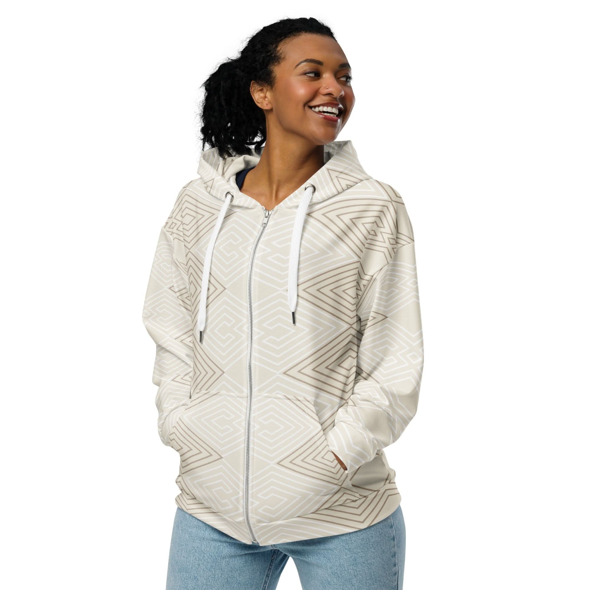 Graphic Zip Hoodie Beige and White Tribal Geometric Aztec Print - Wear and Wander
