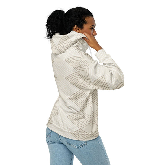 Graphic Zip Hoodie Beige and White Tribal Geometric Aztec Print - Wear and Wander