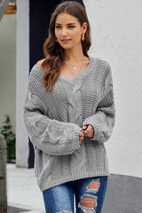 Gray Bubblegum V - Neck Braided Knit Sweater - Wear and Wander