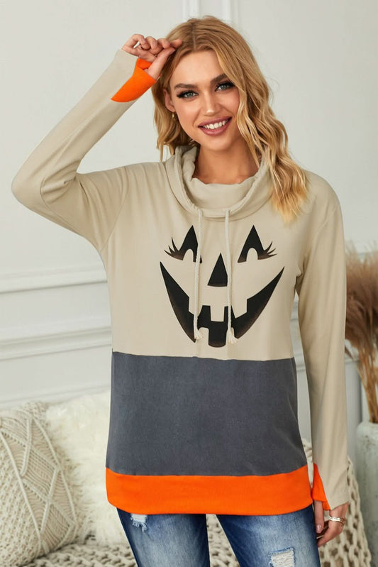 Gray Cowl Neck Pumpkin Print Color Block Halloween Sweatshirt - Wear and Wander